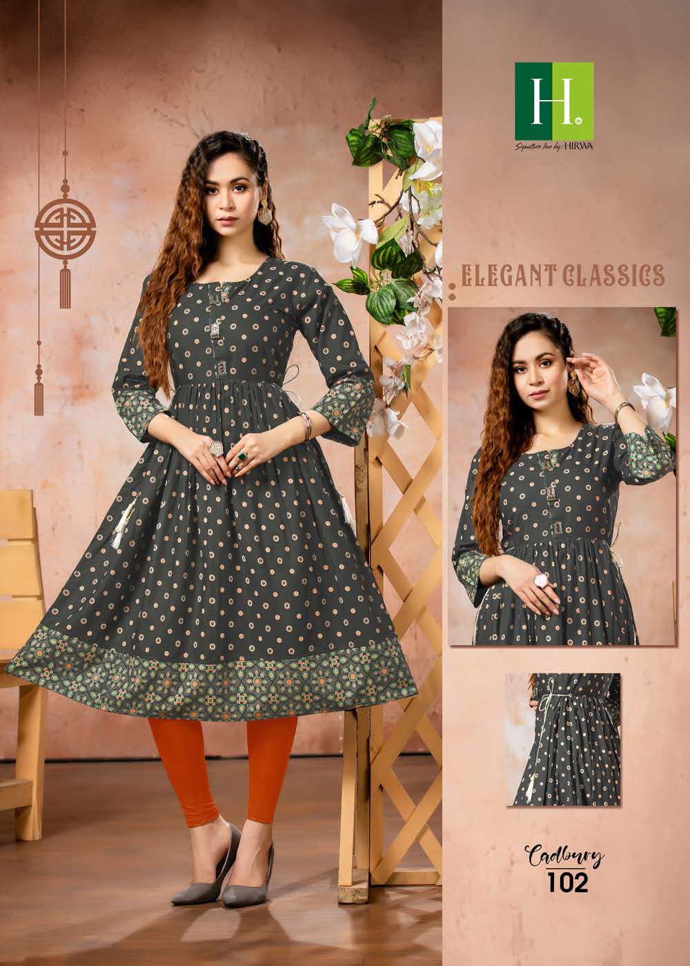 Hirwa Cadbury Fancy Ethnic Wear Rayon Printed  Anarkali Kurti Collection